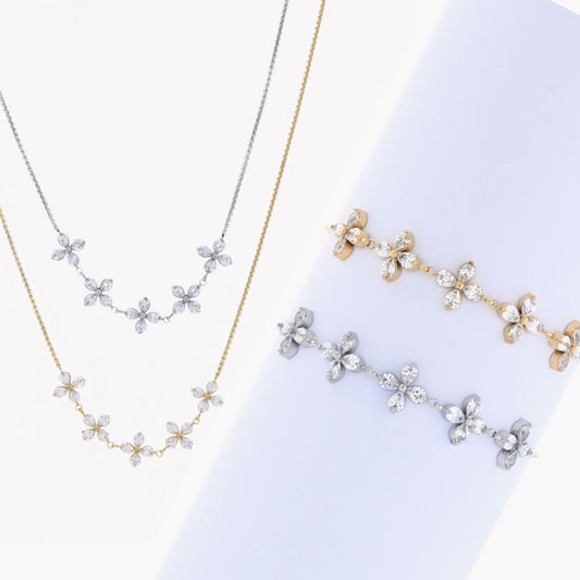 CONJUNTO FLAWLESS | Colar + Pulseira com Flores em Zircônias (Aço Inoxidável)