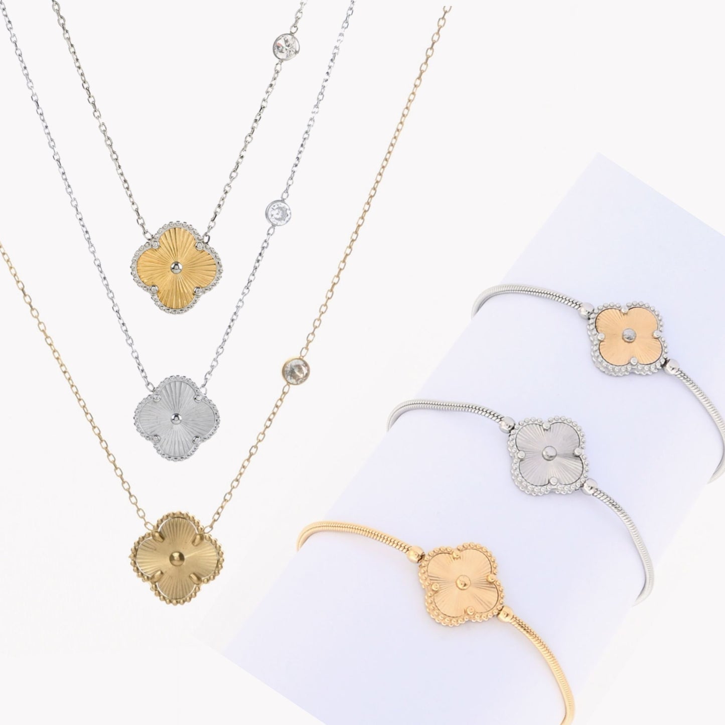 CONJUNTO DIA DA MÃE | Colar + Pulseira Trevo BEATRIZ IV (Aço Inoxidável) - OFERTA CAIXA PRESENTE
