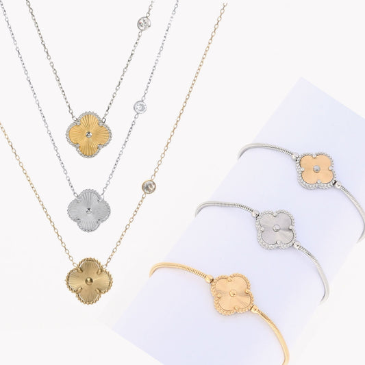 CONJUNTO BEATRIZ IV | Colar + Pulseira Trevo (Aço Inoxidável)