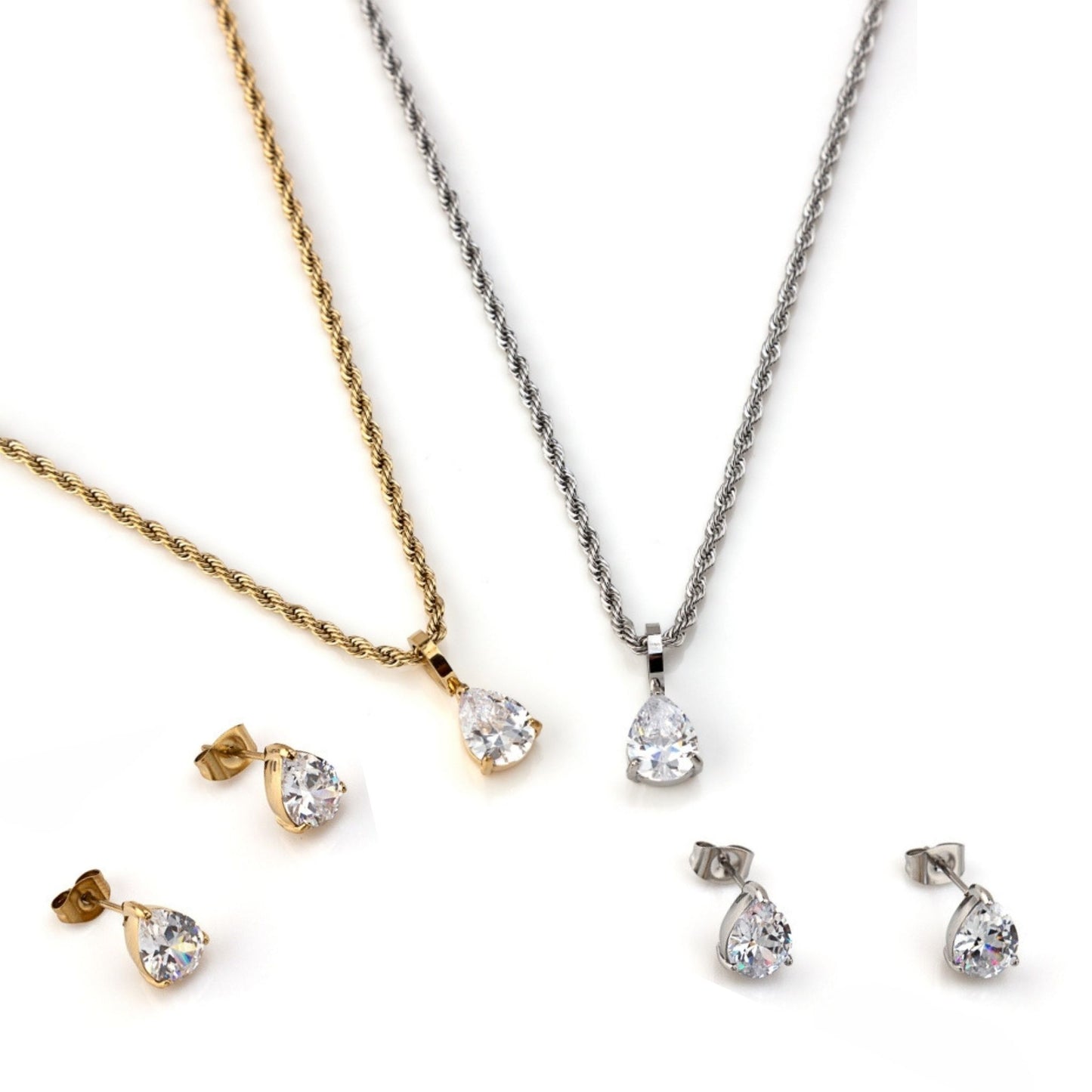 CONJUNTO YASMIN | Colar + Brincos com Zircônia em Lágrima (Aço Inoxidável)