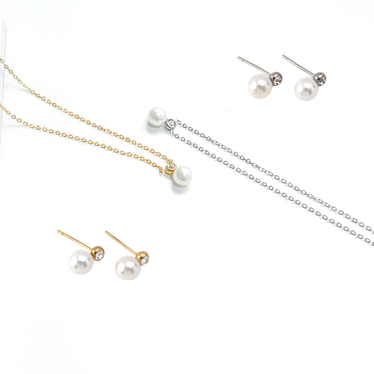 CONJUNTO AURORA II | Colar + Brincos com Pérola e Brilhante (Aço Inoxidável)