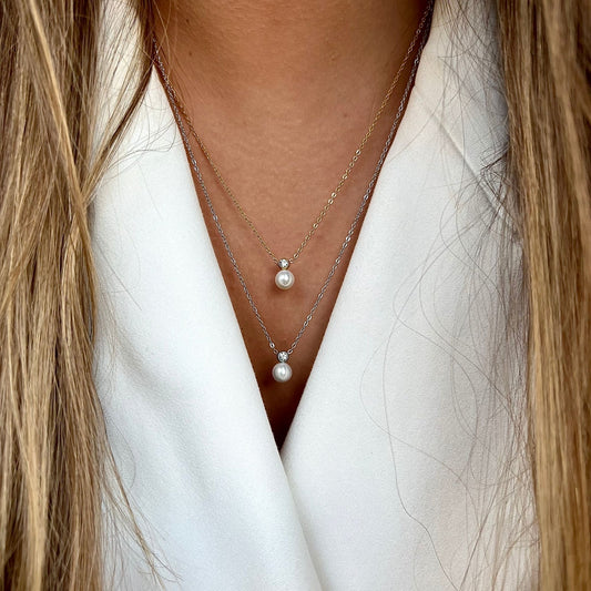 CONJUNTO AURORA II | Colar + Brincos com Pérola e Brilhante (Aço Inoxidável)