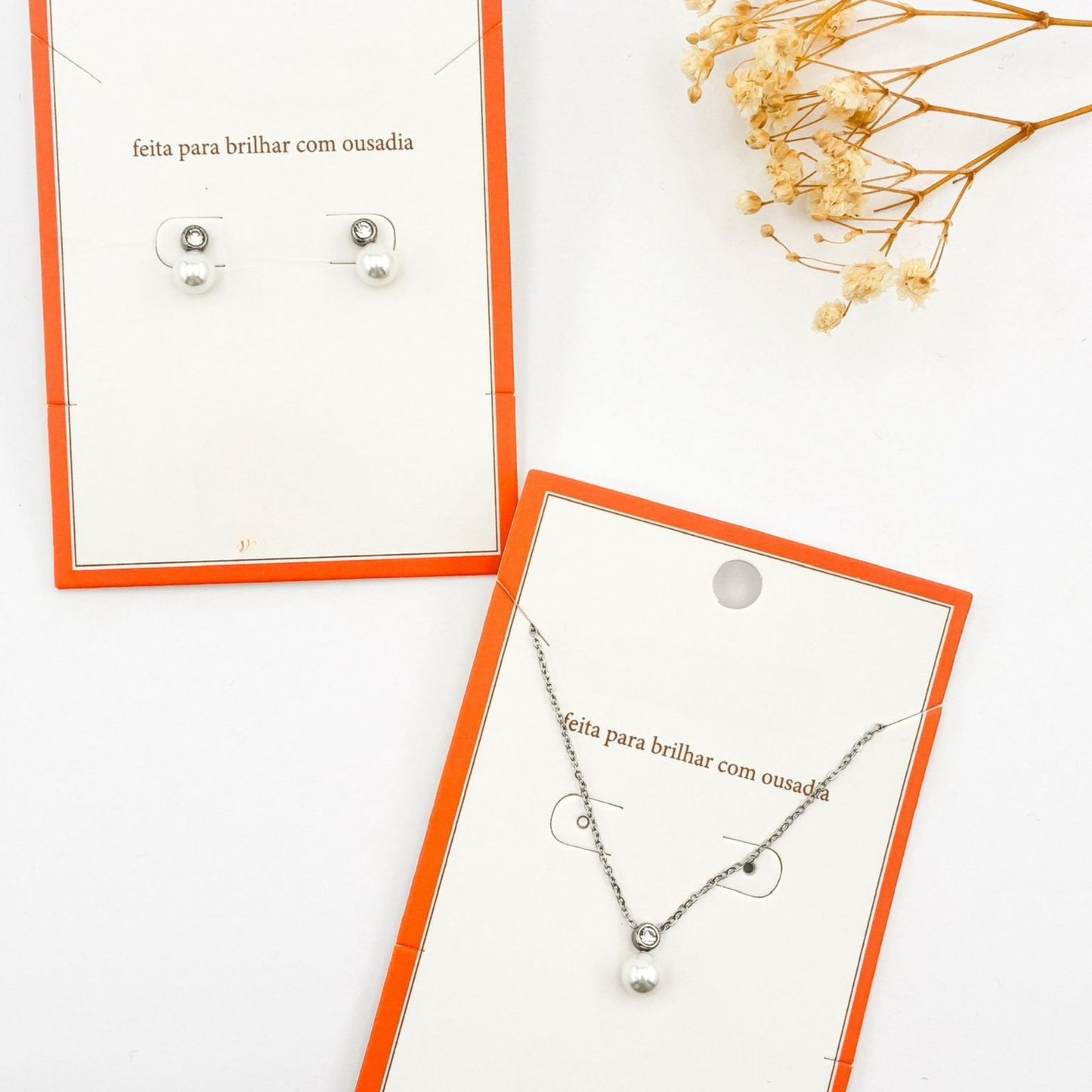 CONJUNTO AURORA II | Colar + Brincos com Pérola e Brilhante (Aço Inoxidável)