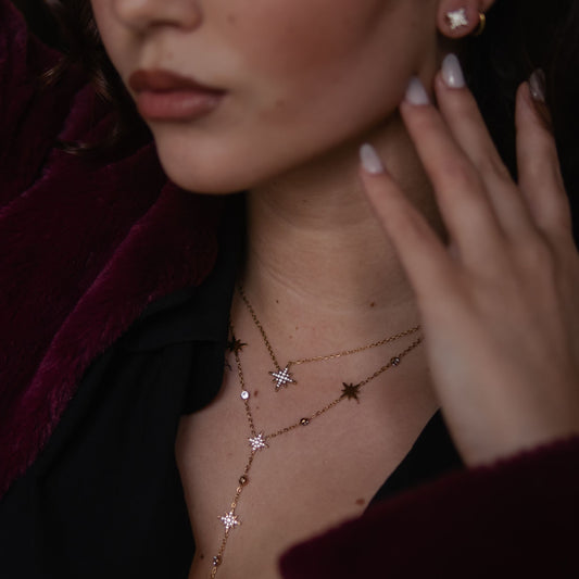 CONJUNTO | Colar gravata MANY STARS + Brincos STAR em aço inoxidável