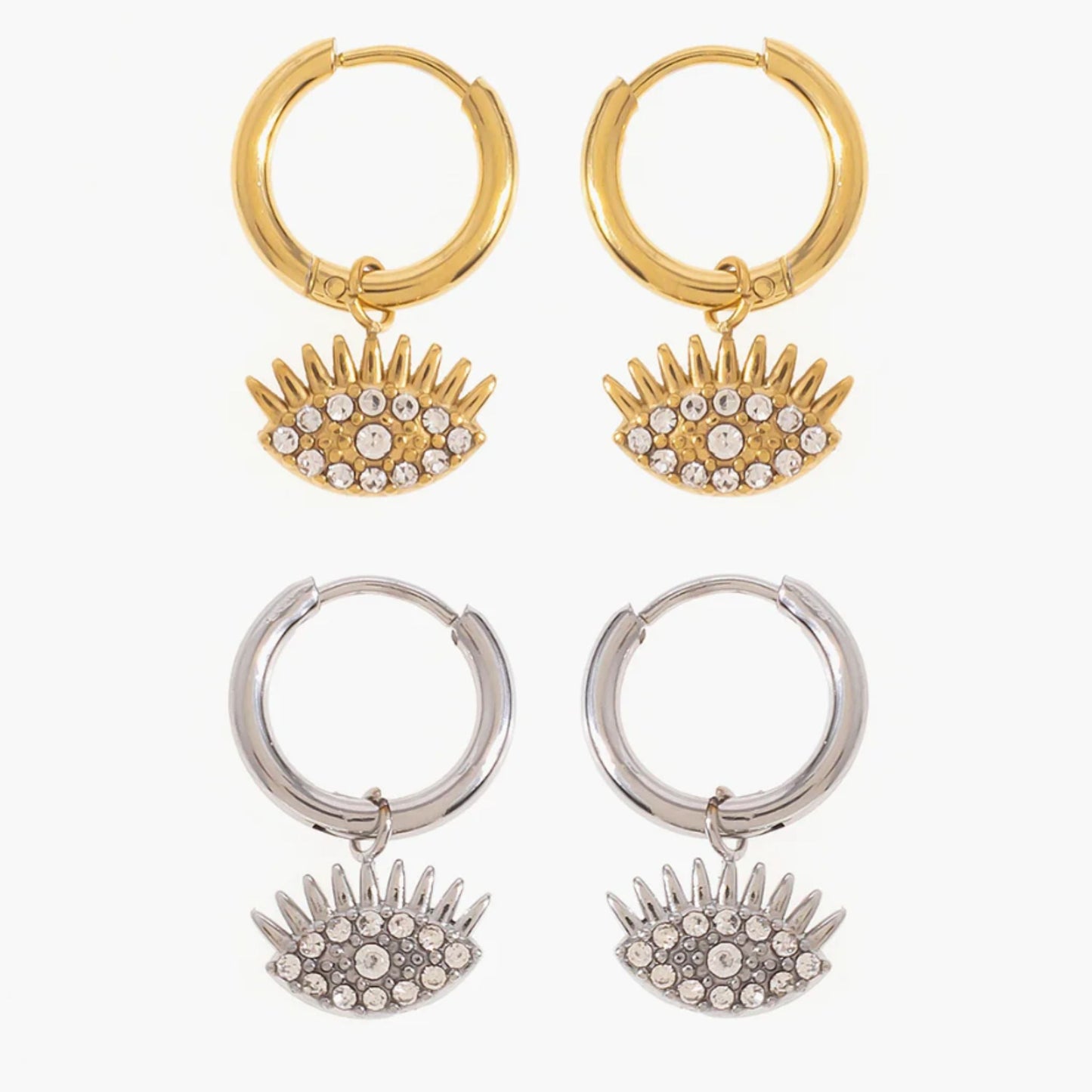 VERONICA | Mini Stainless Steel Hoops with Zirconia Turkish Eye Pendant