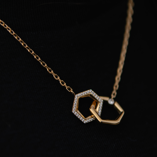 Conjunto ZARA I | Colar e Pulseira com Hexágonos Entrelaçados e Zircónias em Aço Inox