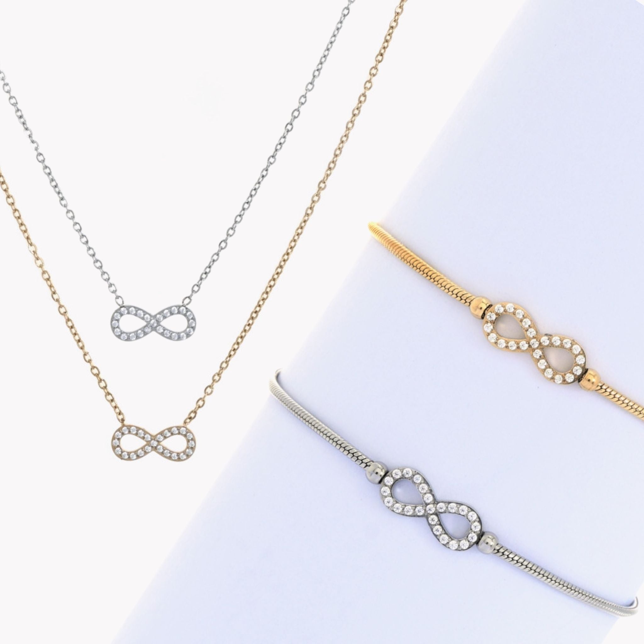 CONJUNTO INFINITY | Colar + Pulseira com Infinito em Zircônias (Aço Inoxidável)