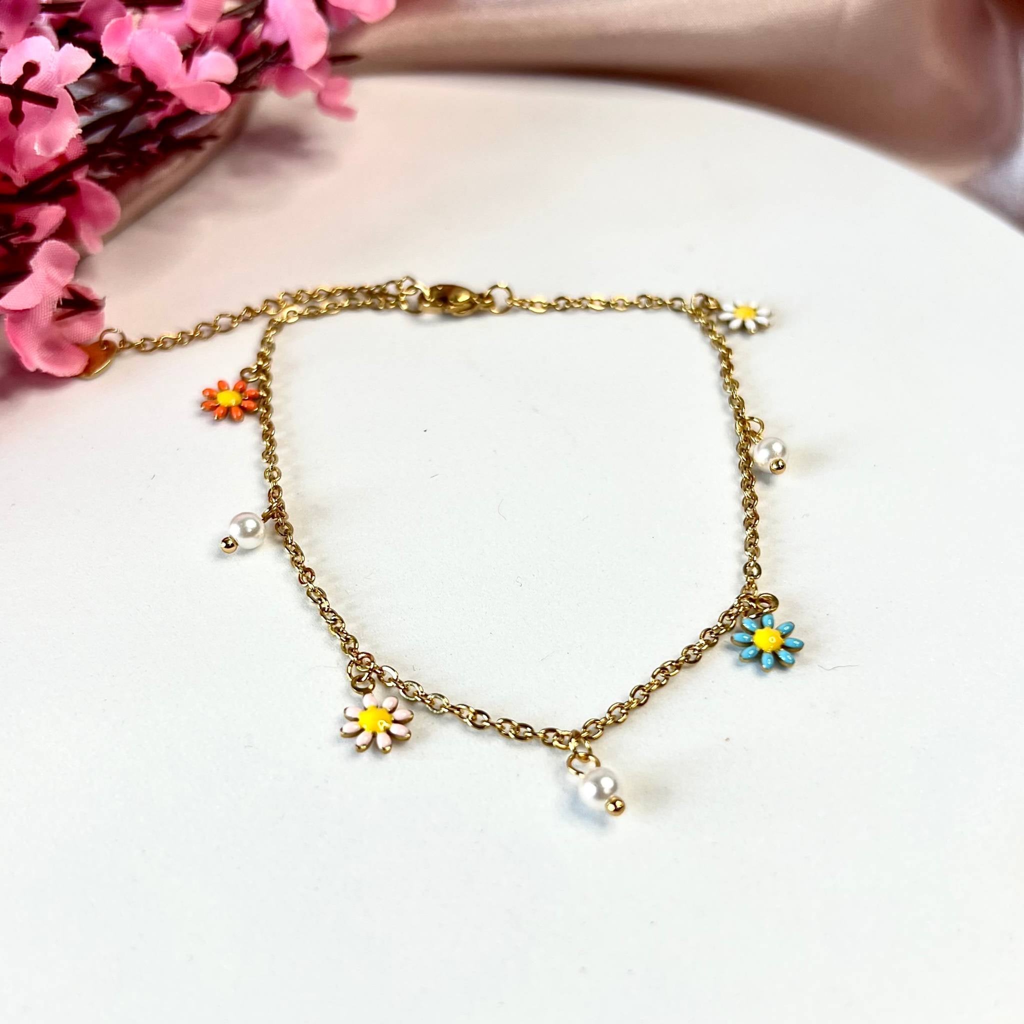 FLOWER | Pulseira de Pé com Margaridas e Pérolas em Aço Inox