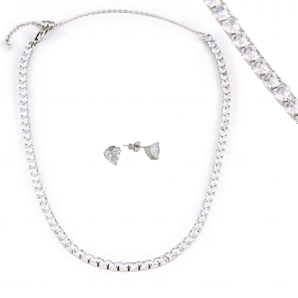 CONJUNTO ARMONIA II | Colar + Brincos Riviera com Corações (Aço Inoxidável)