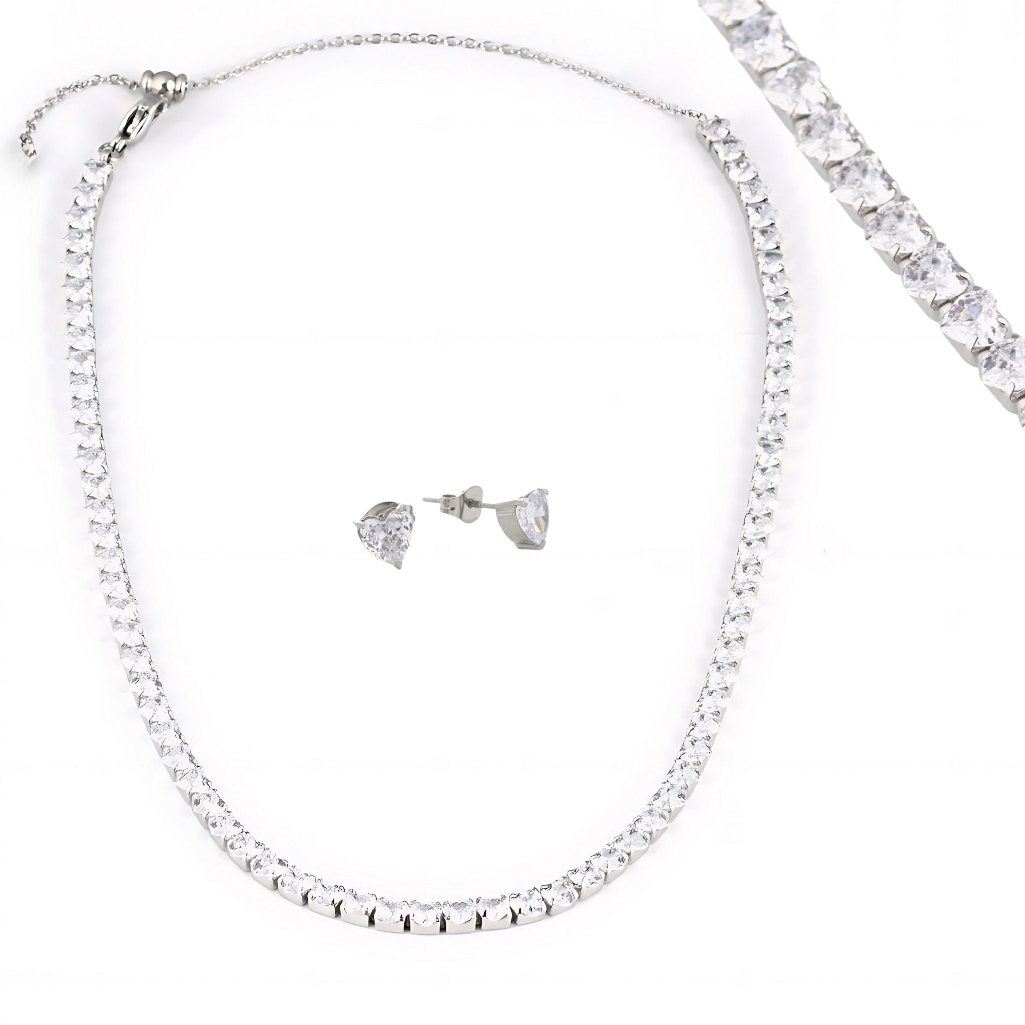 CONJUNTO ARMONIA II | Colar + Brincos Riviera com Corações (Aço Inoxidável)