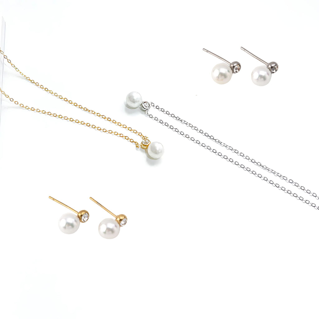 CONJUNTO AURORA II | Colar + Brincos com Pérola e Brilhante (Aço Inoxidável)