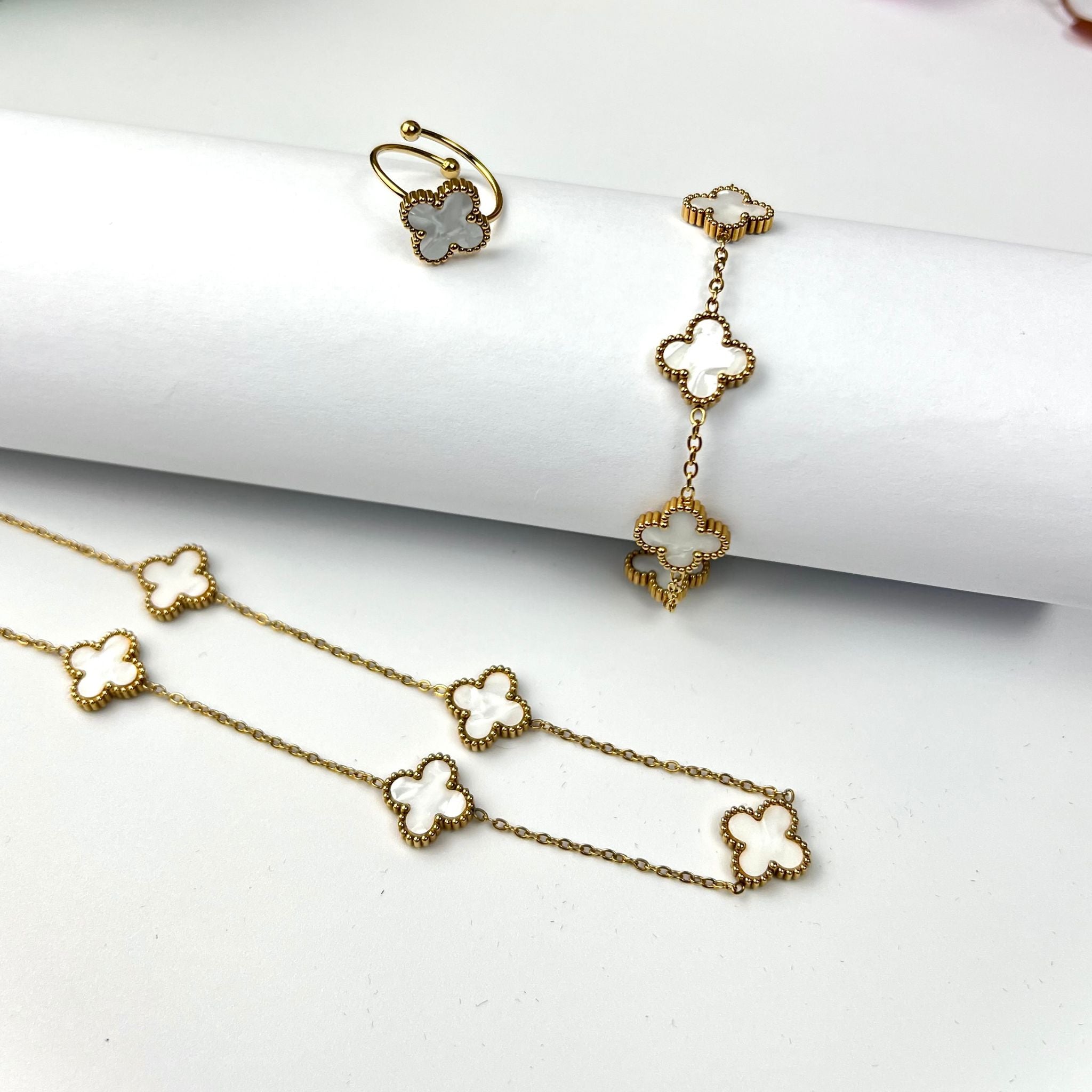 CONJUNTO | Colar + Pulseira + Anel Trevo Esmaltado BEATRIZ IV (Aço Inoxidável)