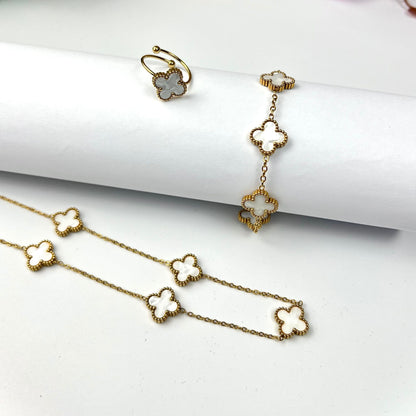 CONJUNTO DIA DA MÃE | Colar + Pulseira + Anel Trevo Esmaltado BEATRIZ IV (Aço Inoxidável) - OFERTA CAIXA PRESENTE