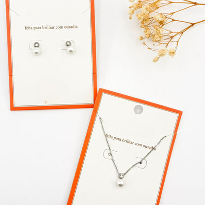 CONJUNTO AURORA II | Colar + Brincos com Pérola e Brilhante (Aço Inoxidável)