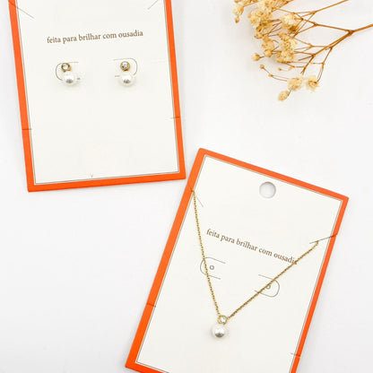 CONJUNTO AURORA II | Colar + Brincos com Pérola e Brilhante (Aço Inoxidável)