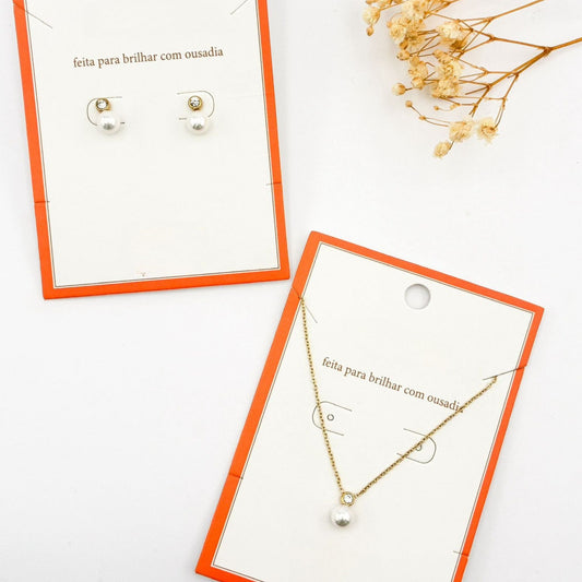 CONJUNTO AURORA II | Colar + Brincos com Pérola e Brilhante (Aço Inoxidável)