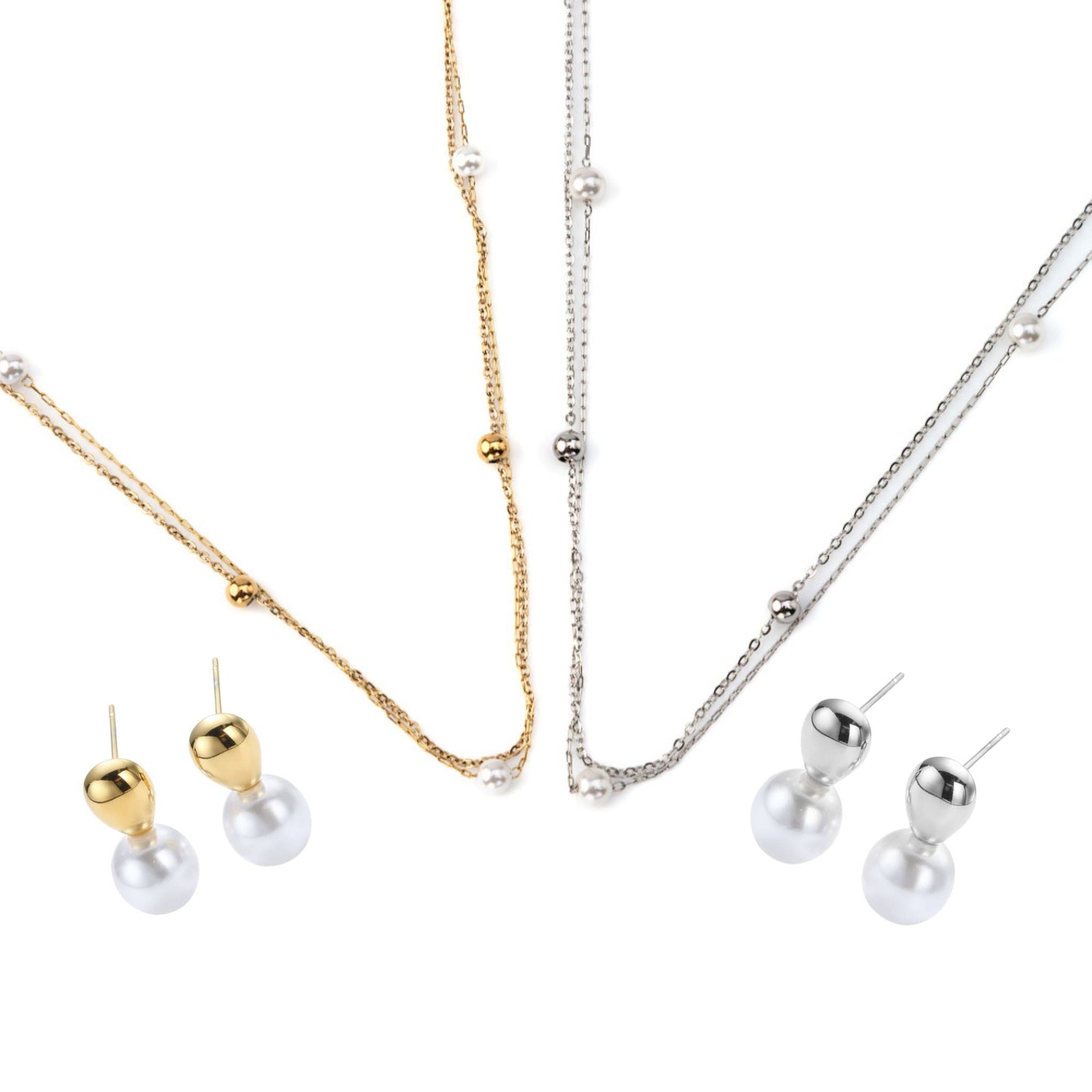 CONJUNTO | Brincos ALMA I + Colar DOBLE PEARL II em Aço Inox