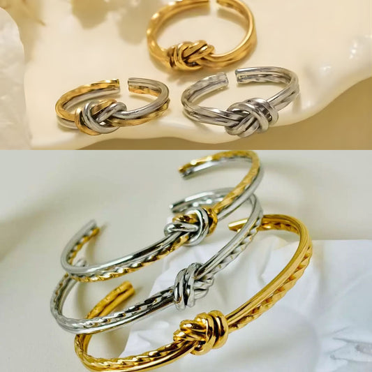 CONJUNTO TIE III | Pulseira Tipo Escrava + Anel Ajustável com Nó em Aço Inoxidável