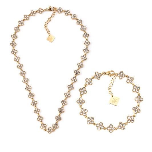 CONJUNTO FLOWERS | Colar e Pulseira Estilo Riviera com Flores em Zircónias em Aço Inoxidável