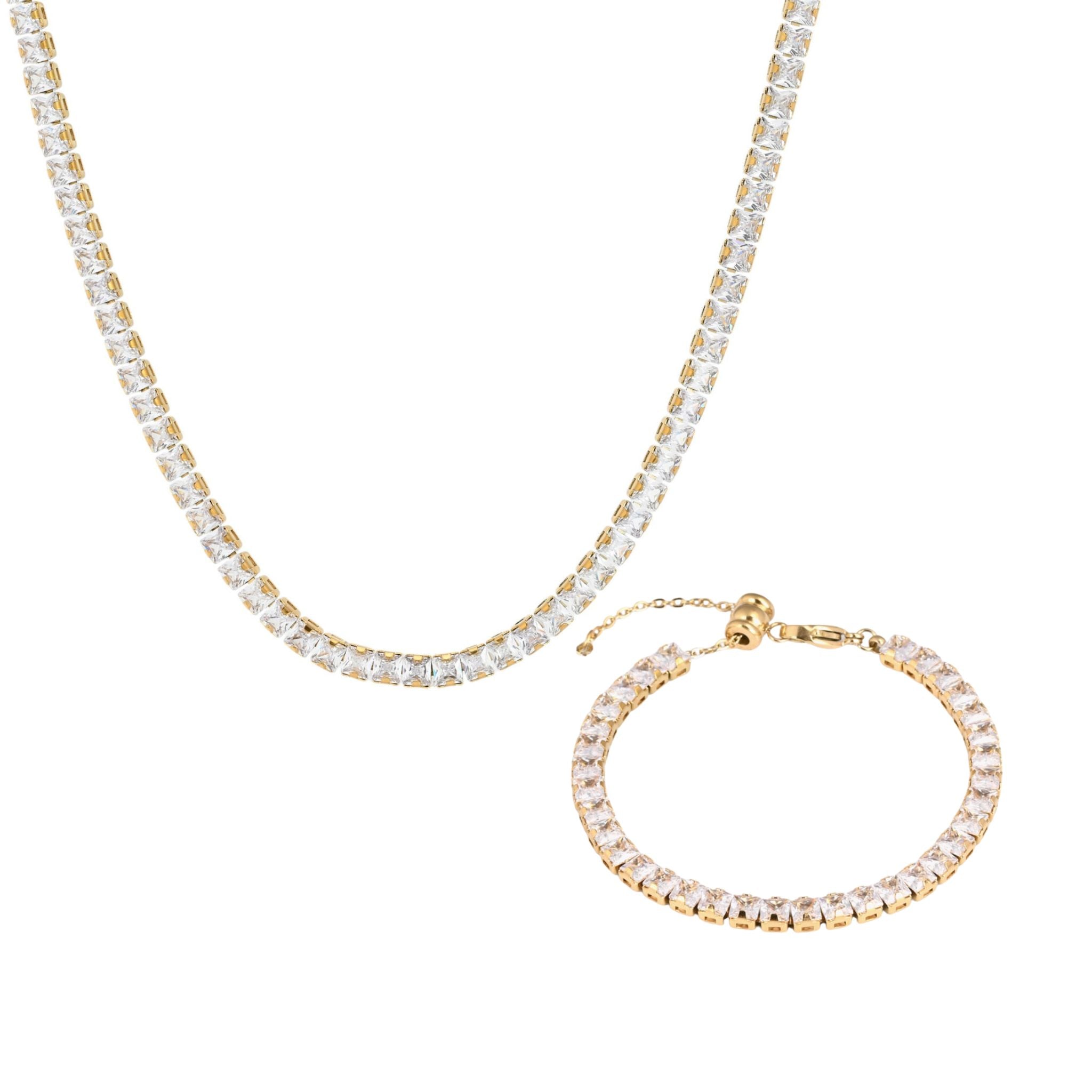 CONJUNTO RIVIERA | Colar + Pulseira com Zircônias Quadradas em Aço Inox