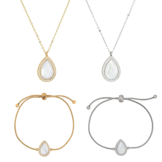 Conjunto TEAR | Colar e Pulseira em Aço Inox com Pendente em Lágrima e Zircónias