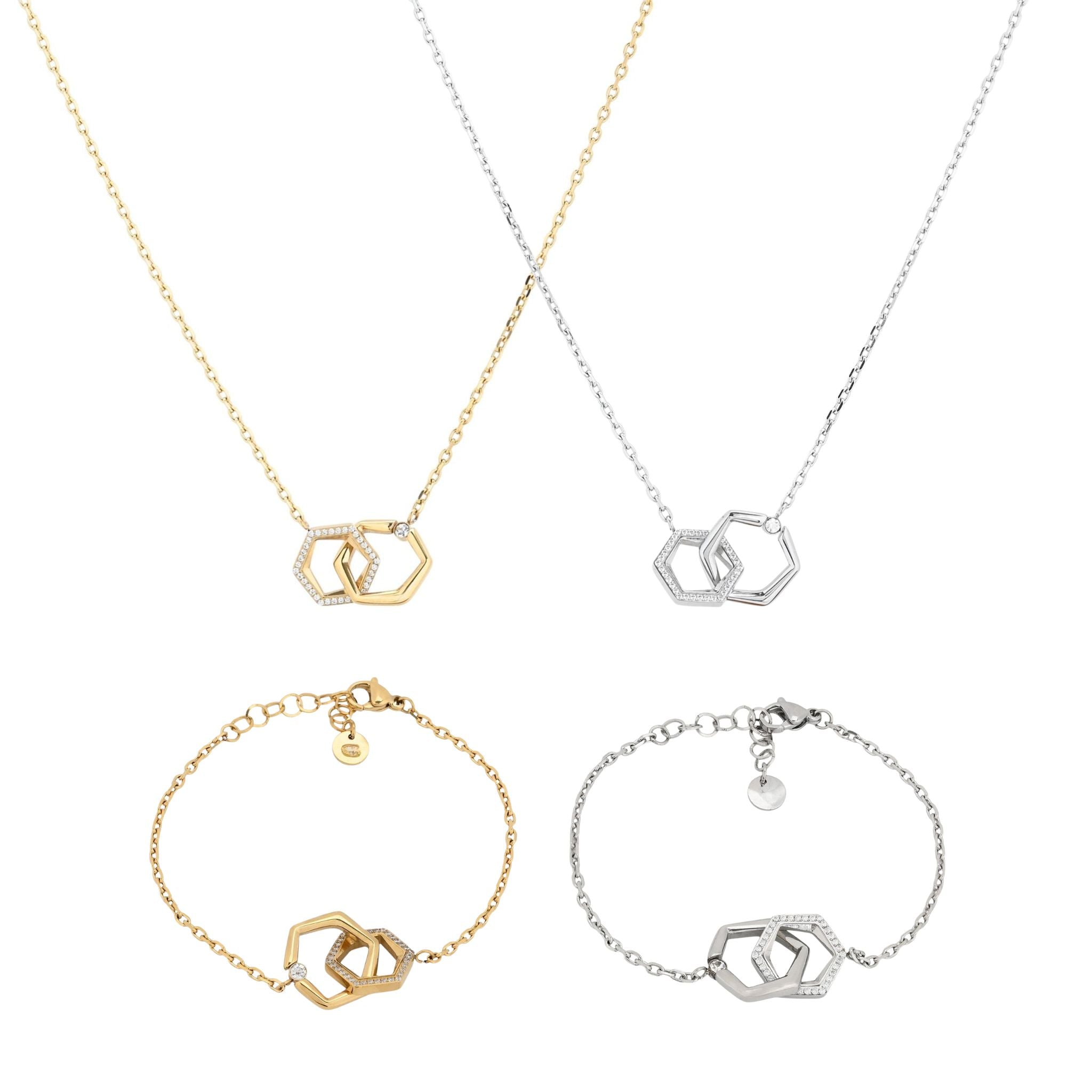 Conjunto ZARA I | Colar e Pulseira com Hexágonos Entrelaçados e Zircónias em Aço Inox