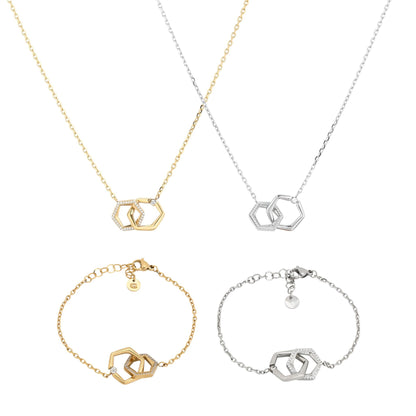 Conjunto ZARA I | Colar e Pulseira com Hexágonos Entrelaçados e Zircónias em Aço Inox