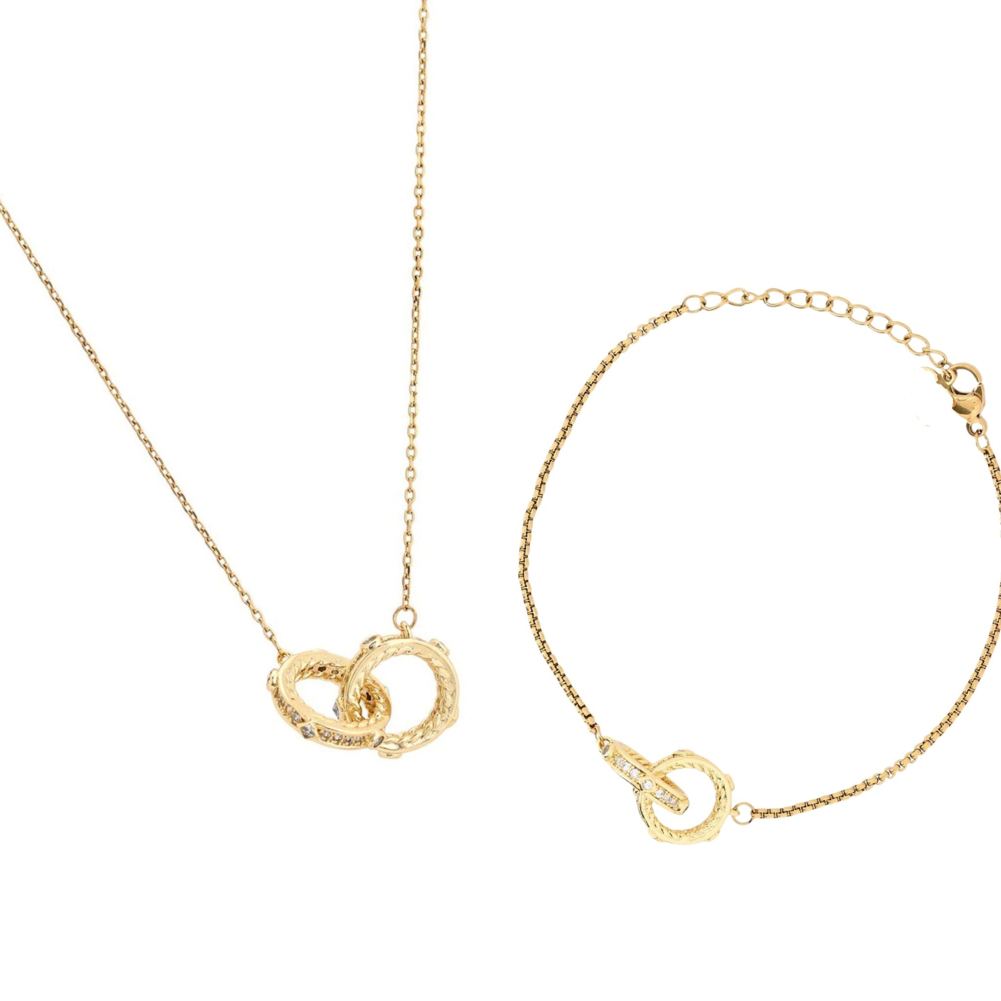 Conjunto ZARA II | Colar e Pulseira com Círculos Interlaçados com Zircônias em Aço Inox