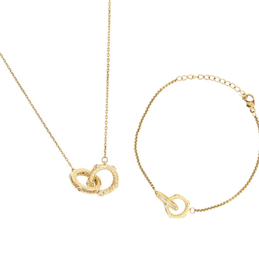 Conjunto ZARA II | Colar e Pulseira com Círculos Interlaçados com Zircônias em Aço Inox