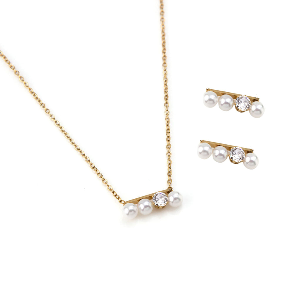 CONJUNTO MIRIAM | Colar + Brincos com Pérolas e Brilhante (Aço Inoxidável)