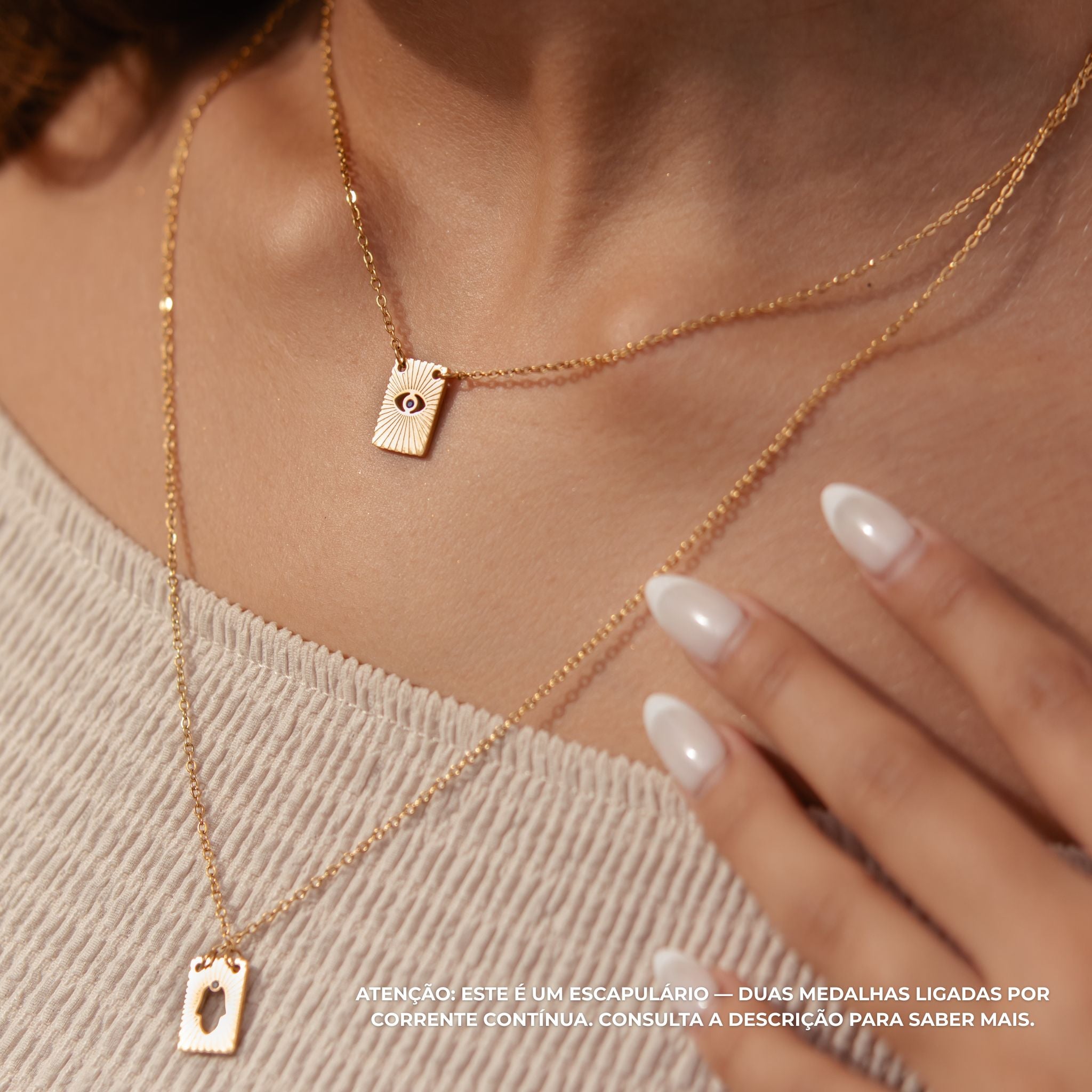 DEBORAH | Escapulário Mão de Fátima e Olho Grego em Aço Inoxidável