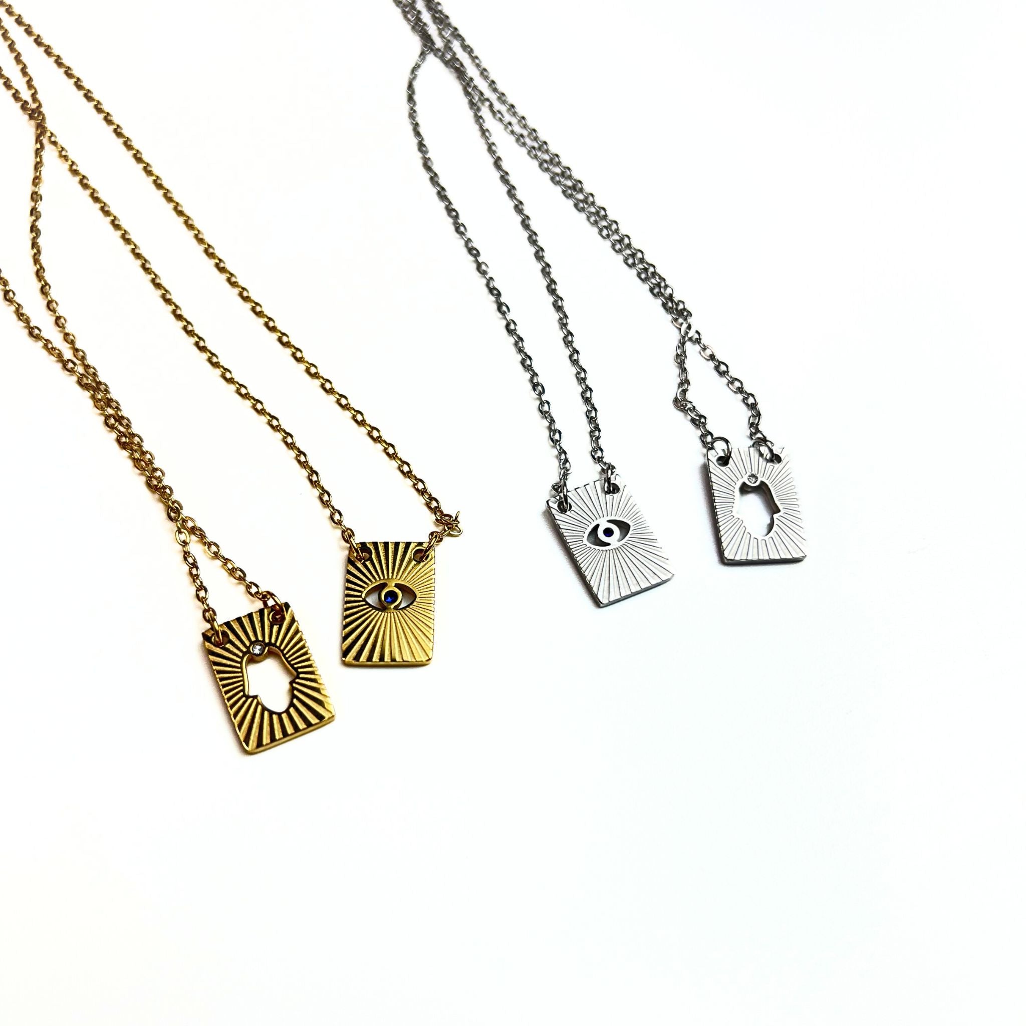 DEBORAH | Escapulário Mão de Fátima e Olho Grego em Aço Inoxidável