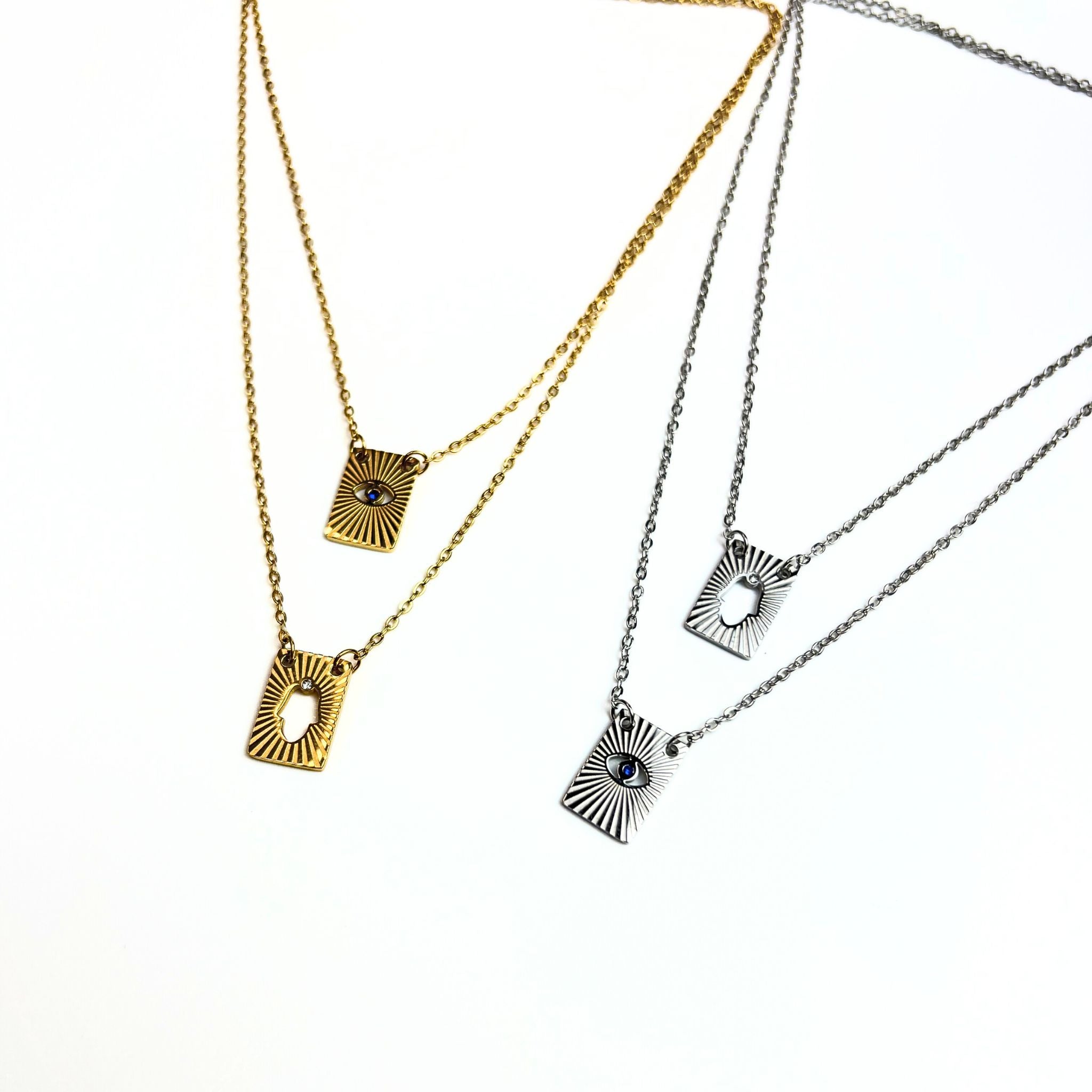 DEBORAH | Escapulário Mão de Fátima e Olho Grego em Aço Inoxidável