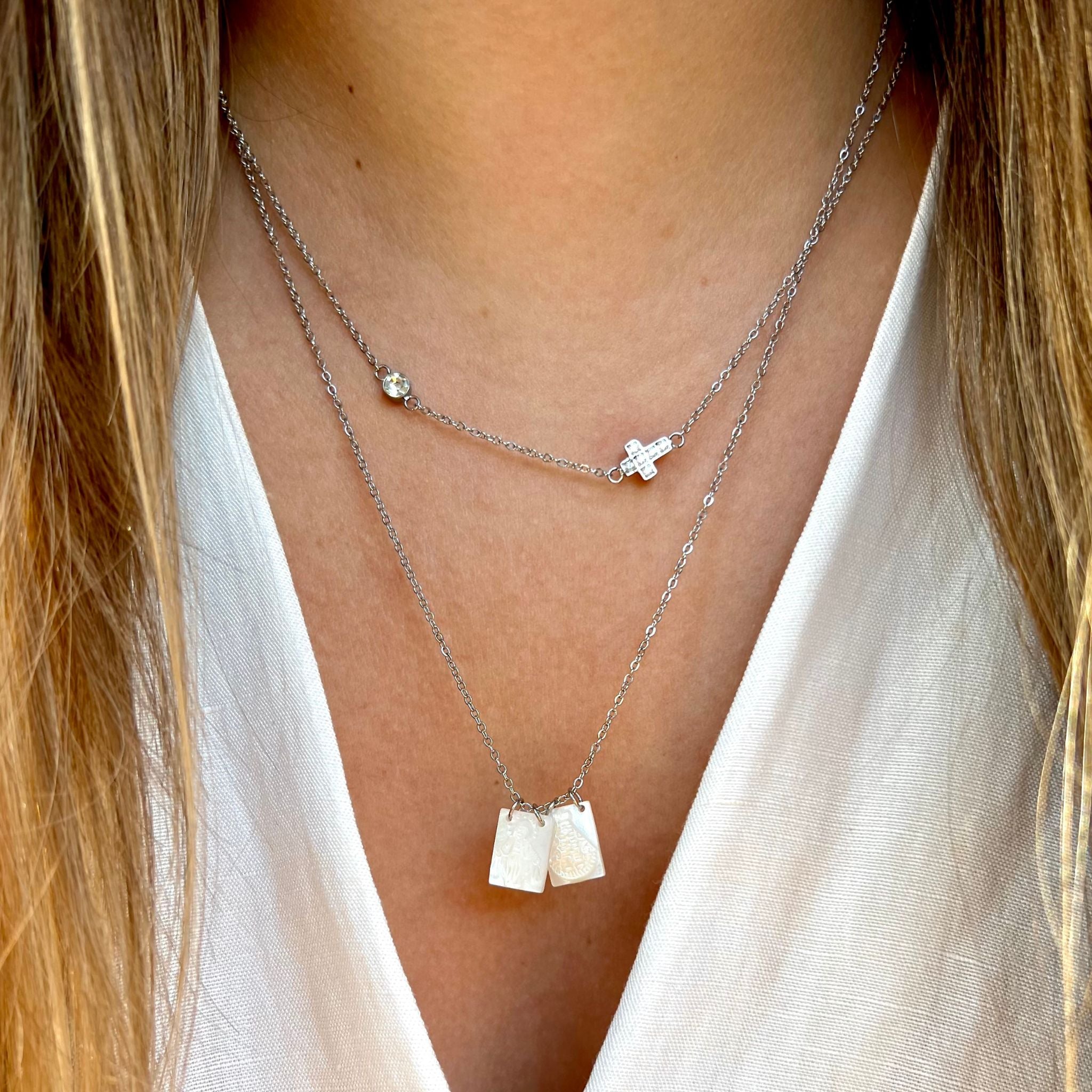 CONJUNTO | Escapulário Esmeralda + Colar Cross (Aço Inoxidável)