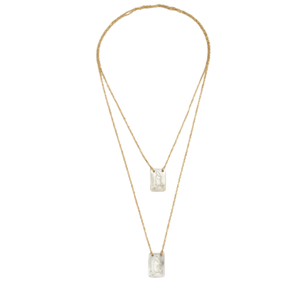 ESMERALDA III | Escapulário com Pendentes em Madrepérola e Nossa Senhora em Aço Inox