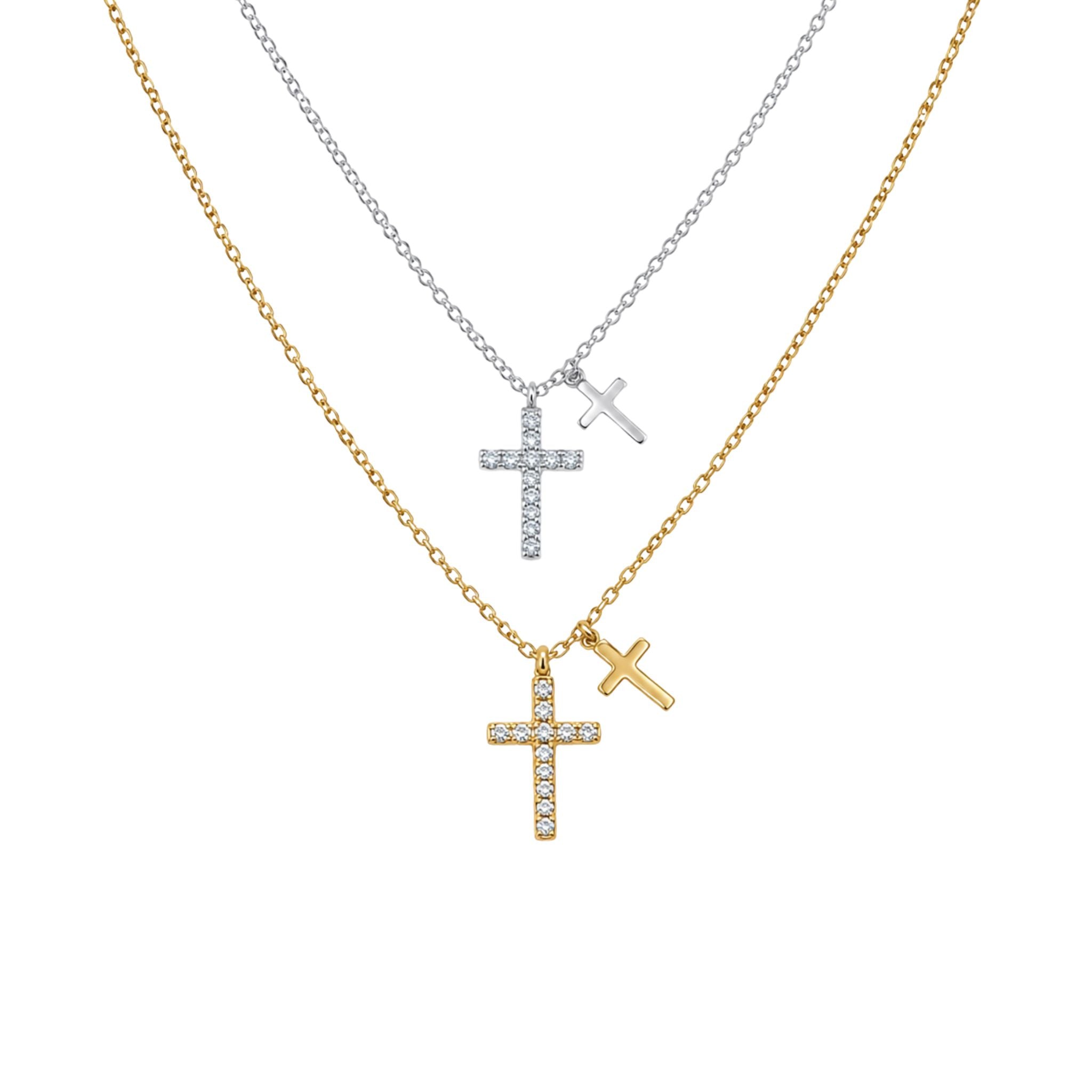 FAITH | Colar com Duas Cruzes com Zircônias em Aço Inox
