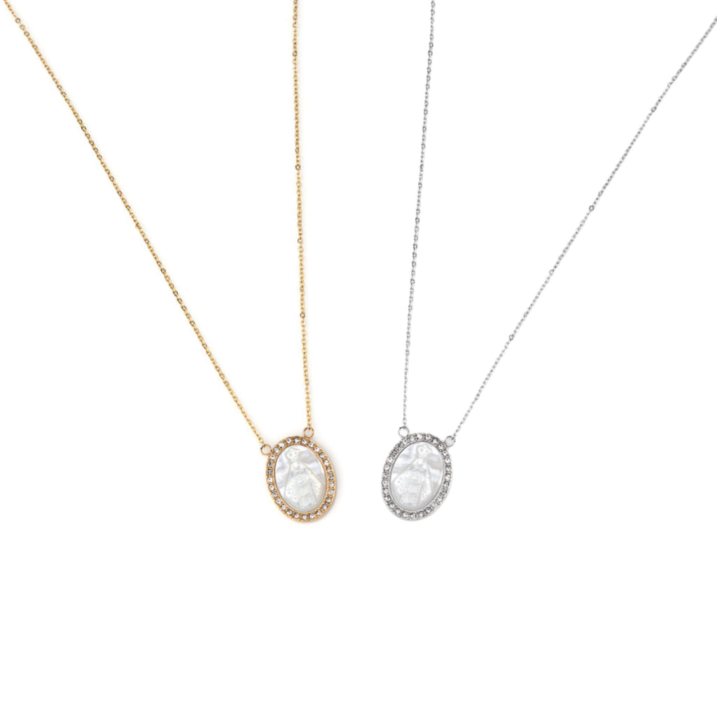 FÁTIMA | Colar com Medalha de Nossa Sra. de Fátima em Madrepérola e Zircónias em Aço Inox