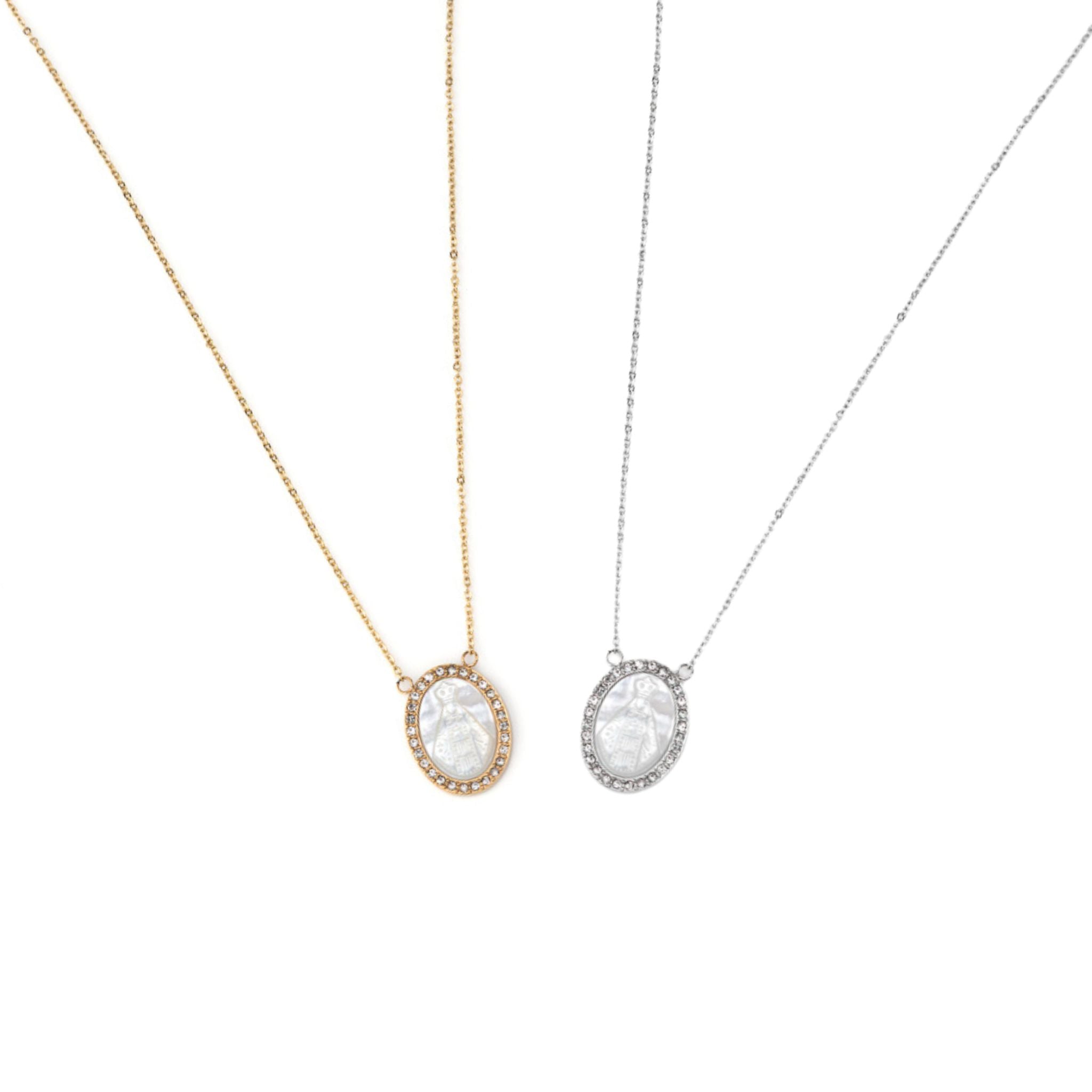 FÁTIMA | Colar com Medalha de Nossa Sra. de Fátima em Madrepérola e Zircónias em Aço Inox