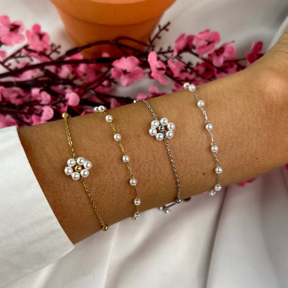 FLOWERS | Stainless Steel Bracelet with Beaded Flowers in Gold and Silver