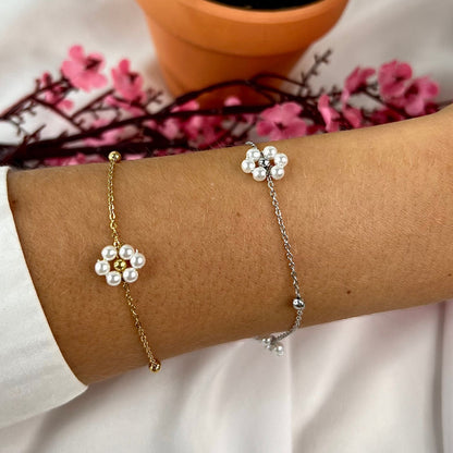 FLOWERS | Stainless Steel Bracelet with Beaded Flowers in Gold and Silver