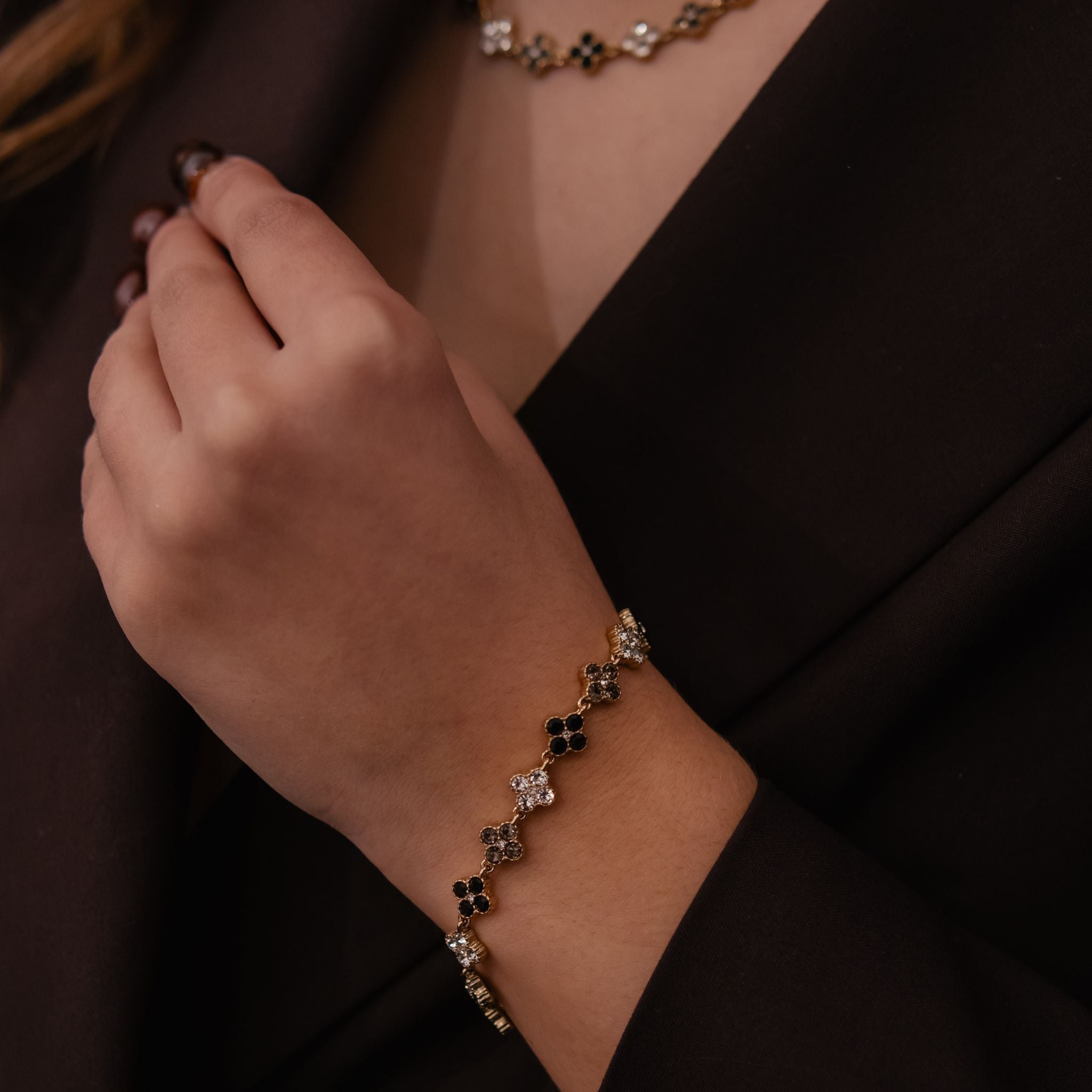 FLOWERS | Pulseira Estilo Riviera com Flores em Zircónias em Aço Inoxidável