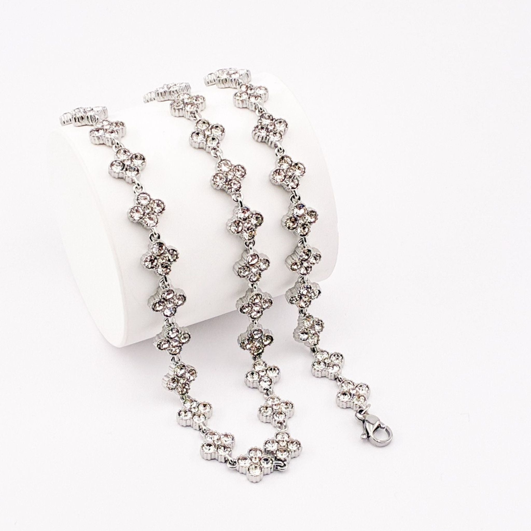 CONJUNTO FLOWERS | Colar e Pulseira Estilo Riviera com Flores em Zircónias em Aço Inoxidável