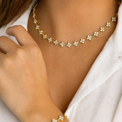 FLOWERS | Colar Estilo Riviera com Flores em Zircónias em Aço Inoxidável