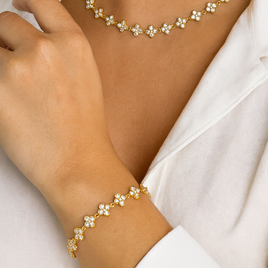 FLOWERS | Pulseira Estilo Riviera com Flores em Zircónias em Aço Inoxidável