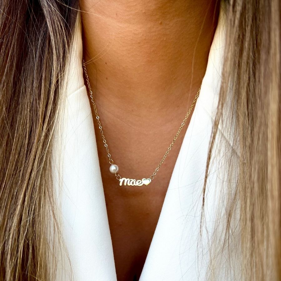 FRIDA | Colar Mãe com Pérola e Coração em Aço Inoxidável