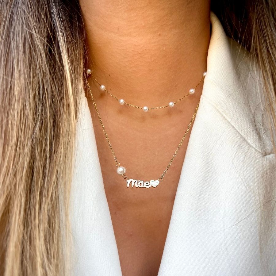 FRIDA | Colar Mãe com Pérola e Coração em Aço Inoxidável