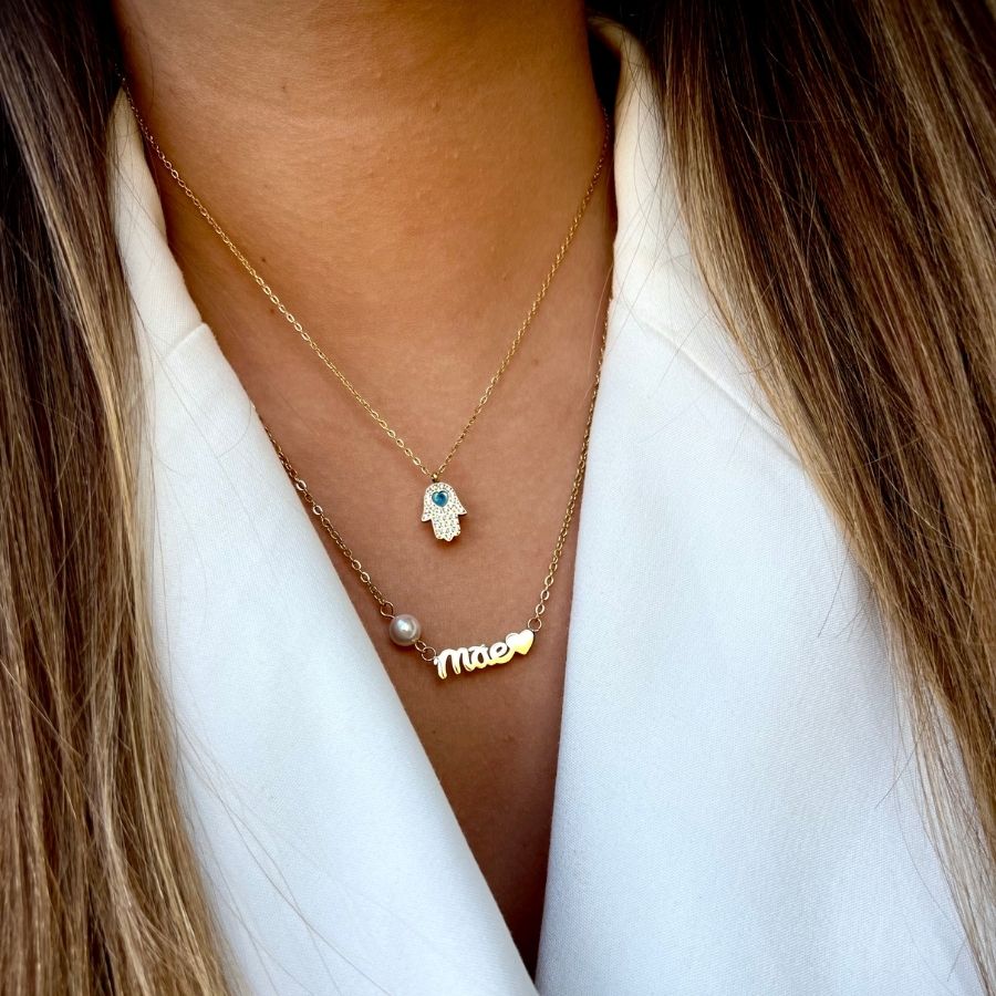 FRIDA | Colar Mãe com Pérola e Coração em Aço Inoxidável