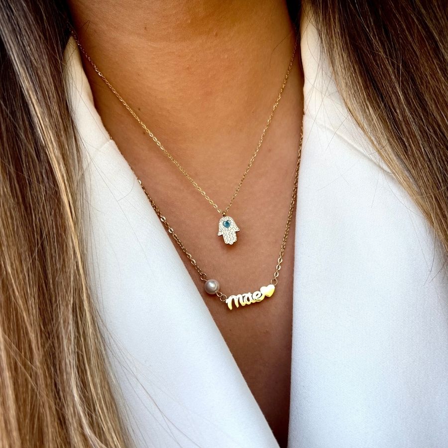 FRIDA | Colar Mãe com Pérola e Coração em Aço Inoxidável