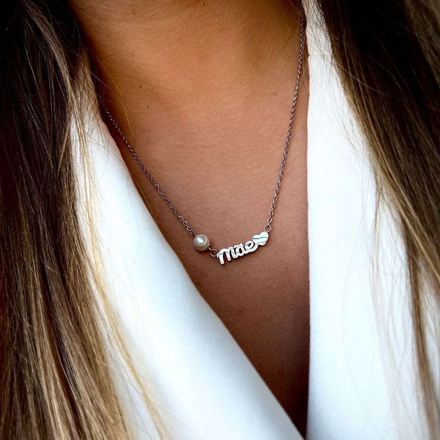FRIDA | Colar Mãe com Pérola e Coração em Aço Inoxidável