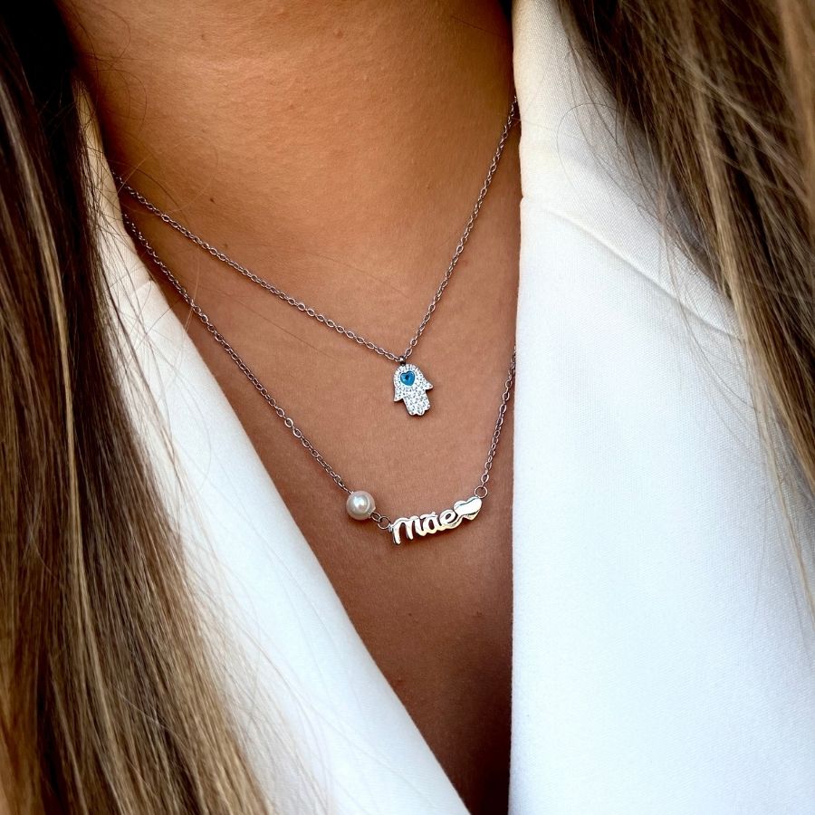 FRIDA | Colar Mãe com Pérola e Coração em Aço Inoxidável